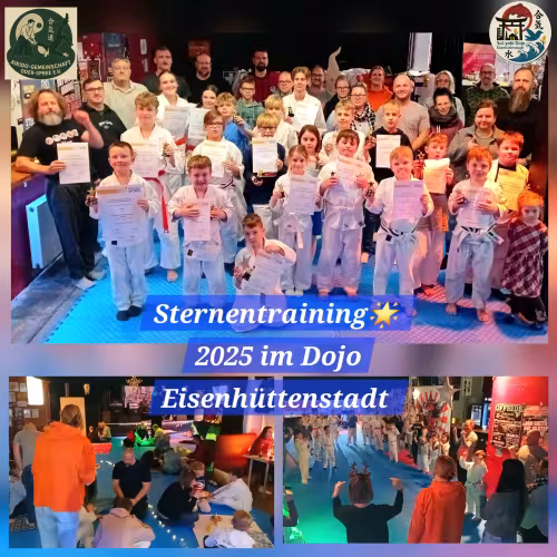 Gruppenfoto des Sternentrainings 2025 im Dojo Eisenh&uuml;ttenstadt. Kinder pr&auml;sentieren ihre Urkunden und Pokale gemeinsam mit Trainern und Familien. Darunter zwei Fotos vom gemeinsamen Essen und vom Abschlusstraining auf der Matte.