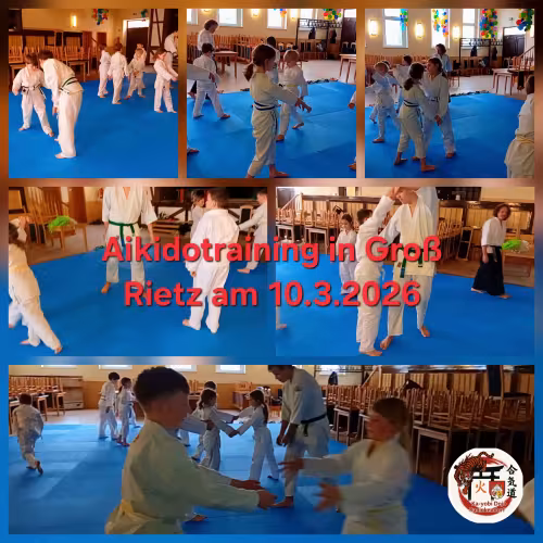 Fotocollage vom Aikidotraining der Kindergruppe in Gro&szlig; Rietz mit mehreren &Uuml;bungsszenen und dem Logo des Ka-yobi Dojo.