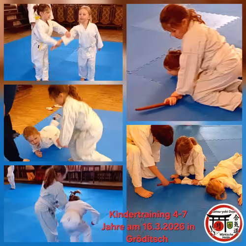 Collage aus dem Kindertraining des Getsu-yobi Dojo M&auml;rkische Heide. Kinder im Alter von vier bis sieben Jahren &uuml;ben gemeinsam Aikido-Techniken, darunter Partner&uuml;bungen, Hebel- und Kontrolltechniken sowie den sicheren Umgang mit dem Tantō (Trainingsmesser aus Holz).