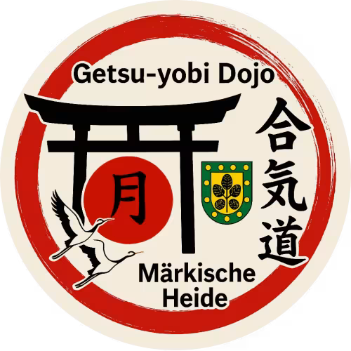 Logo des Getsu-yobi Dojo M&auml;rkische Heide mit Torii, roter Sonne, Kranich, japanischen Schriftzeichen und dem Wappen der Gemeinde M&auml;rkische Heide.