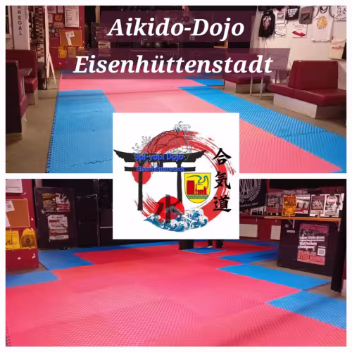 Fotocollage des Aikido-Dojos in Eisenh&uuml;ttenstadt. Zu sehen sind die ausgelegten Trainingsmatten aus verschiedenen Perspektiven sowie das Logo des Sui-yobi Dojo Eisenh&uuml;ttenstadt.