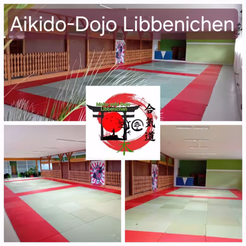 Innenansichten des Aikido-Dojos Libbenichen mit der Trainingsfl&auml;che aus Tatami-Matten und dem Dojo-Logo.
