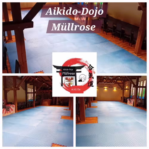 Innenansichten des Aikido-Dojos in M&uuml;llrose mit der ausgelegten Trainingsfl&auml;che aus blauen Matten und dem Dojo-Logo.